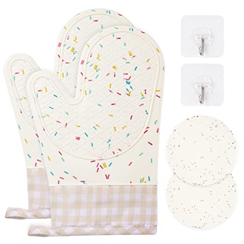 AUAUY Ofenhandschuhe Set, 1 Paar Silikon und Baumwolle Anti-Rutsch Kochhandschuhe, 446F° Hitzebeständige Topfhandschuhe, Backofen Handschuhe für Küche Kochen Backen Grillen BBQ mit 2 Topflappen von AUAUY