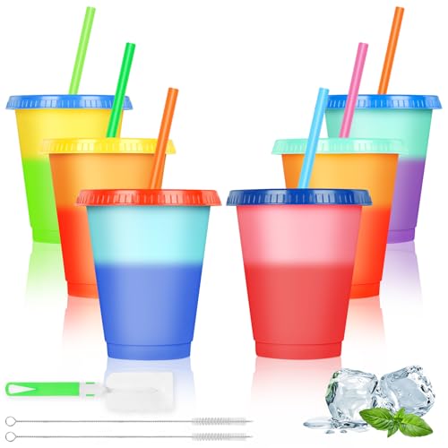 AUAUY Plastikbecher Mehrweg mit Deckel & Strohhalm, 6 Stück 475ml Farbwechsel Becher, mit 2 Strohbürste+1 Schwammbürste, Travel Mug Tumbler Eiskaffee Kaltes Trinken Smoothie Saft für kinder Erwachsene von AUAUY