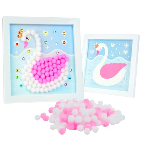 AUAUY Pompom Malerei Kunst Set, Mini Pompons Bunt DIY Fellknäuelmalerei mit Fotorahmen - Pompoms zum Basteln für Heimdekoration DIY Malerei für Kinder und Erwachsene Anfänger (Schwan) von AUAUY