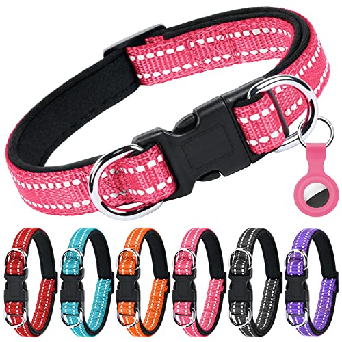 AUAUY Reflektierend Halsband Hund, Verstellbares Atmungsaktives Hundehalsband, Weich Gepolstertes Neopren Nylon Hunde Halsband mit AirTag-Hülle Doppel-D-Ring für Kleine Mittel Große Hunde(Rosarot-L) von AUAUY