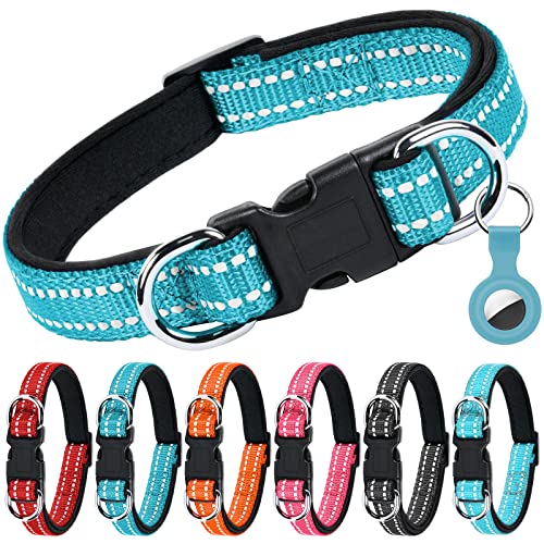 AUAUY Reflektierend Halsband Hund, Verstellbares Atmungsaktives Hundehalsband, Weich Gepolstertes Neopren Nylon Hunde Halsband mit Doppel-D-Ring und AirTag-Hülle für Kleine Mittel Große Hunde(Blau-S) von AUAUY