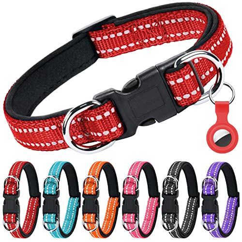 AUAUY Reflektierend Halsband Hund, Verstellbares Atmungsaktives Hundehalsband, Weich Gepolstertes Neopren Nylon Hunde Halsband mit Doppel-D-Ring und AirTag-Hülle für Kleine Mittel Große Hunde(Rot-M) von AUAUY