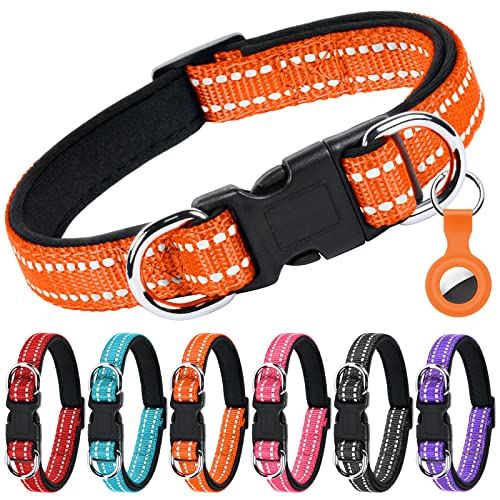AUAUY Reflektierend Halsband Hund, Verstellbares Atmungsaktives Hundehalsband, Weich Gepolstertes Neopren Nylon Hunde Halsband mit AirTag-Hülle Doppel-D-Ring für Kleine Mittel Große Hunde(Orange-L) von AUAUY