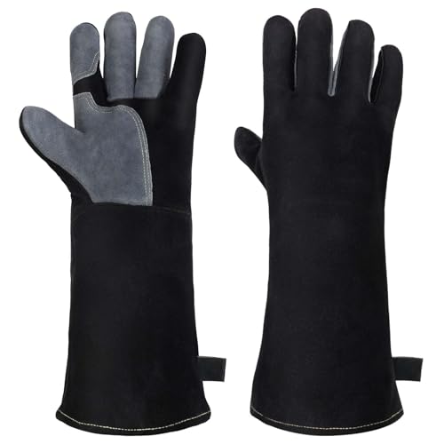 AUAUY Hitzebeständiger Leder Grillhandschuhe, Schweißhandschuhe mit Kevlar Nähten, Feuerfester Hitzebeständige Mitts für Schweißen, Feuerwehr, Kamin, Ofen Backen Herd Topfhalter Tierbehandlung-Schwarz von AUAUY