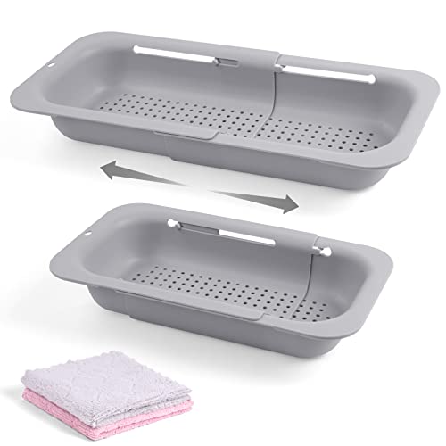 AUAUY Siebkorb über der Spüle, 34-48CM Ausziehbar Sink Strainer Basket, Abtropfsieb Sieb Spülbecken BPA Frei mit 2 Einem Handtuch, Gemüse und Obst Waschen, Gekochte Nudeln Abtropfen Lassen (Grau) von AUAUY