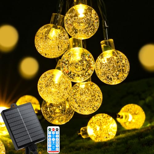 AUAUY Solar Lichterkette Aussen Wetterfest, 11M 60 LED 8 Modi IP65 Solarlichterkette Kristall Kugeln Außen/Innen Lichter Beleuchtung für Balkon Terassen Garten Bäume Weihnachten Party Fenster-Warmweiß von AUAUY
