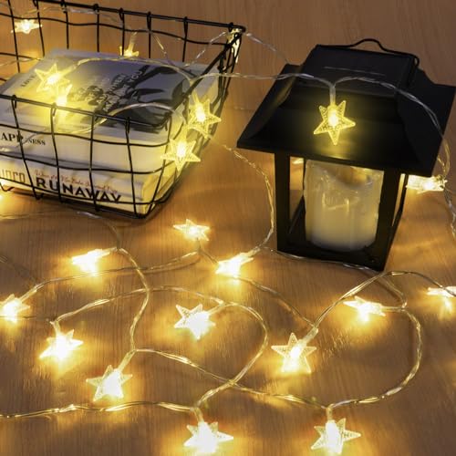 AUAUY Warmweiße Sterne Lichterkette, 6M/19.7ft 40 LED Batteriebetriebene Lichterkette, Weihnachts Lichterkette, 2 Modi Wasserdichte für Innen-Außen-Hochzeitsfeier Neujahr Garten Weihnachtsdekoration von AUAUY