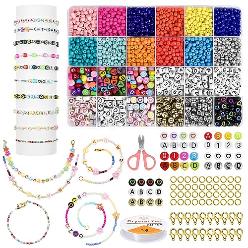 AUAUY 2160PCS 4mm Bunte Glasperln Selber Machen Set, DIY Geschenkidee Perlen zum Auffädeln Set mit Buchstabenperlen Schere...,Schmuckherstellung Handwerk für Erwachsene Kinder Weihnachten, Geburtstage von AUAUY