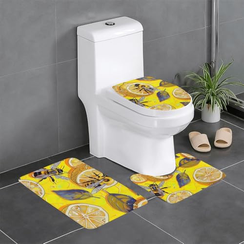 AUBKFELD Badematten-Set, Motiv: gelbe Zitrone und Biene, 3-teilig, rutschfeste Badezimmerteppiche, Badematte und Toilettensitzbezug von AUBKFELD
