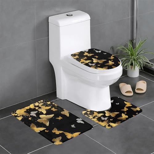 AUBKFELD Badematten-Set, Motiv: goldfarbene weiße Schmetterlinge, schwarz, bedruckt, 3-teilig, rutschfeste Badezimmerteppich-Sets | Badteppich und Konturmatte und WC-Sitzbezug von AUBKFELD