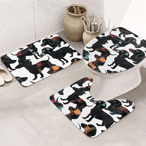 AUBKFELD Badematten-Set mit Dackel-Motiv, Flanell, rutschfest, Badematten-Set, Badematte, Konturmatte, Toilettensitzbezug, 3-teiliges Set von AUBKFELD