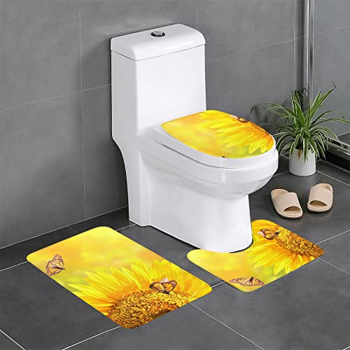 AUBKFELD Badematten-Set mit Sonnenblumen-Motiv, bedruckt, 3-teilig, rutschfest, Badematte, Konturmatte und WC-Sitzbezug von AUBKFELD