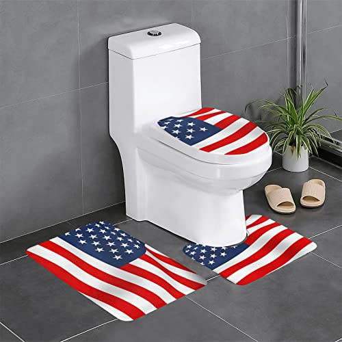 AUBKFELD Badematten-Set mit amerikanischer Flagge, patriotisch bedruckt, 3-teilig, rutschfeste Badezimmerteppiche, Badematte und WC-Sitzbezug von AUBKFELD