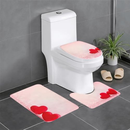 AUBKFELD Badematten-Set mit rotem Herz, rosa Glitzer, 3-teilig, rutschfeste Badezimmerteppich-Sets | Badteppich und Konturmatte und WC-Sitzbezug von AUBKFELD