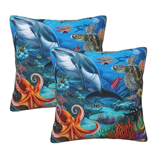 AUBKFELD Bedruckte Kissenbezüge mit Delfinen, Korallenriff, Oktopus, 40 x 40 cm, quadratisch, Plüsch-Kissenbezüge, Kissenbezüge für Sofa, Bett, Couch, Zuhause, Büro, Auto-Dekoration, 2 Stück AUBKFELD Bedruckte Kissenbezüge mit Delfinen, Korallenriff, Oktopus, 40 x 40 cm, quadratisch, Plüsch-Kissenbezüge, Kissenbezüge für Sofa, Bett, Couch, Zuhause, Büro, Auto-Dekoration, 2 Stück von AUBKFELD
