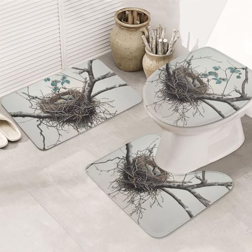 AUBKFELD Birds Nest 1 bedrucktes Flanell-Badematten-Set – 3-teiliges Badezimmerteppich-Set | Badteppich + Konturmatte + Toilettensitzbezug von AUBKFELD