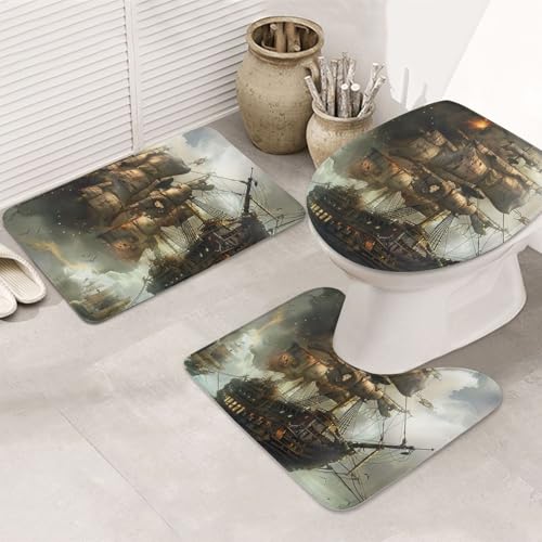 AUBKFELD Cooles Piratenschiff bedrucktes Flanell-Badematten-Set – 3-teiliges Badezimmerteppich-Set | Badteppich + Konturmatte + Toilettensitzbezug AUBKFELD Cooles Piratenschiff bedrucktes Flanell-Badematten-Set – 3-teiliges Badezimmerteppich-Set | Badteppich + Konturmatte + Toilettensitzbezug von AUBKFELD