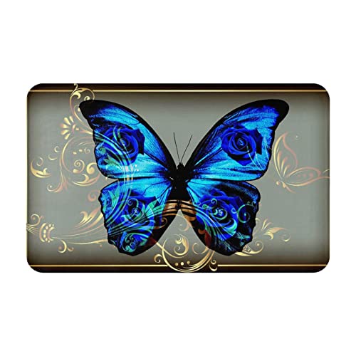 AUBKFELD Fußmatte mit blauem Schmetterling, 80 x 49 cm, Flanell, rutschfest, für Hauseingänge und haustierfreundliche Räume von AUBKFELD