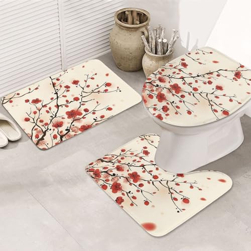 AUBKFELD Japanisches Badematten-Set aus Flanell, rutschfest, Pflaumenmuster, 3-teiliges Badezimmerteppich-Set, Badematte + Konturmatte + Toilettensitzbezug von AUBKFELD