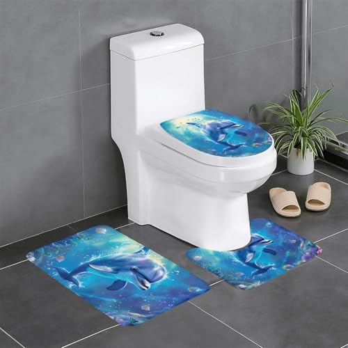 AUBKFELD Niedliches Badematten-Set mit Delfin-Motiv, 3-teilig, rutschfest, Badteppich-Set, Konturmatte und WC-Sitzbezug AUBKFELD Niedliches Badematten-Set mit Delfin-Motiv, 3-teilig, rutschfest, Badteppich-Set, Konturmatte und WC-Sitzbezug von AUBKFELD