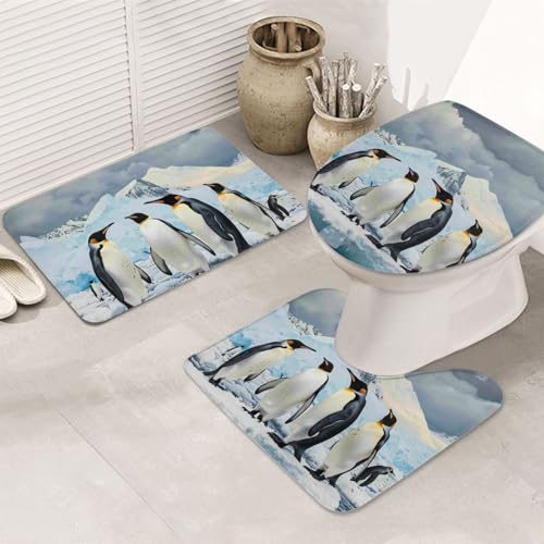 AUBKFELD Pinguine auf dem Eisberg bedrucktes Flanell-Badematten-Set – 3-teiliges Badezimmerteppich-Set | Badteppich + Konturmatte + Toilettensitzbezug von AUBKFELD