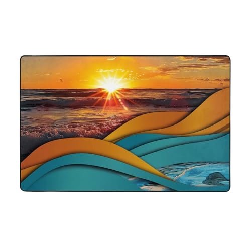 AUBKFELD Teppich, Motiv: Sonnenuntergang und Sonnenaufgang mit Meereswellen, bedruckt, waschbar, 100 x 150 cm, moderne Teppiche, Flanell, rutschfeste Bodenmatte für Küche, Schlafzimmer, Wohnzimmer AUBKFELD Teppich, Motiv: Sonnenuntergang und Sonnenaufgang mit Meereswellen, bedruckt, waschbar, 100 x 150 cm, moderne Teppiche, Flanell, rutschfeste Bodenmatte für Küche, Schlafzimmer, Wohnzimmer von AUBKFELD