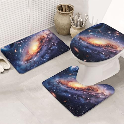 AUBKFELD Universe Galaxy Outer Space bedrucktes Flanell-Badematten-Set – 3-teiliges Badezimmerteppich-Set | Badteppich + Konturmatte + Toilettensitzbezug von AUBKFELD