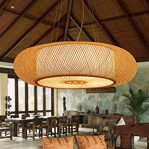 E27 Pendellampe Retro Hängeleuchten Natürlichen Bambus Pendelleuchte Vintage Gewebte Rattan Lampenschirm Kronleuchter Höhe Verstellbare Hängelampe Beleuchtung Restaurant Teestube Café Deckenlicht,60cm von AUCF