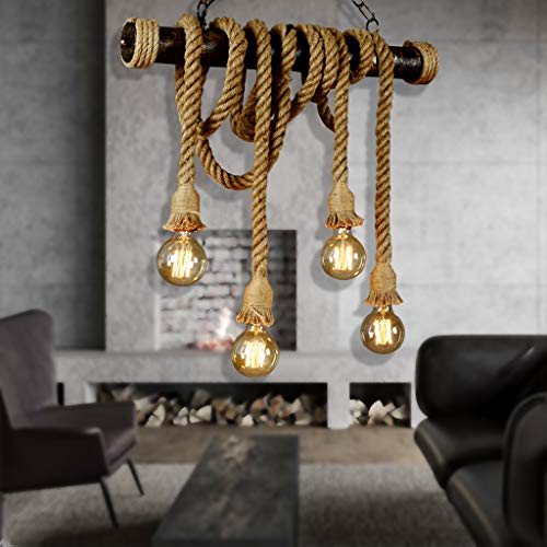 Hanf Seil Pendellampe Retro Industrielle Eisen Loft Hängelampe E27 Höhenverstellbare Beleuchtung Wohnzimmer Schlafzimmer Küche Pendelleuchte Esszimmer Esstischlampe Dekoration Kronleuchter,4 heads von AUCF