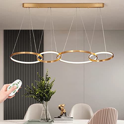 LED Pendelleuchte Moderne 94W Dimmbar mit Fernbedienung Kronleuchter Kreis Golden 4 Ringe Design Pendellampe Wohnzimmer Esszimmer Schlafzimmer Hängelampe Deckenleuchte Höhenverstellbar Deko Licht von AUCF