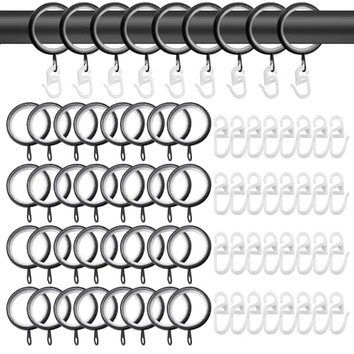 Geräuschlose Gardinenringe, 40 Vorhang Hängend Ringe und 40 Kunststoff Gardinenhaken, Metall Vorhangringe für Bettvorhang, Duschvorhang, Fenstervorhang (27mm Innendurchmesser, Schwarzer) von AUEIIKE