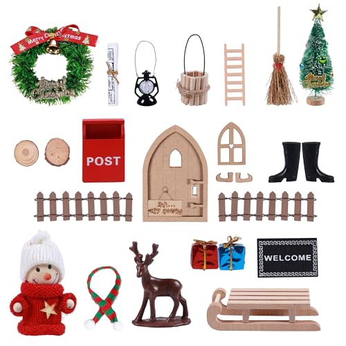 AUERVO 27PCS Wichteltür Zubehör Weihnachten Set, Miniatur Wichtel Set Komplettset für Kinder Feentür Set Wichtel Deko Holz Miniatur, Stiefel, Zaun, Kranz, Leiter, Briefkasten, Teppich von AUERVO