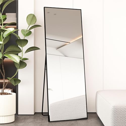 AUFHELLEN Ganzkörperspiegel 140x50cm mit Schwarz Metallrahmen Standspiegel HD Groß Wandspiegel mit Haken für Wohn-, Schlaf- und Ankleidezimmer Spiegel von AUFHELLEN