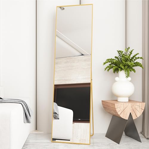 AUFHELLEN Ganzkörperspiegel 150x40cm mit Golden Metallrahmen Standspiegel HD Groß Wandspiegel mit Haken für Wohn-, Schlaf- und Ankleidezimmer Spiegel von AUFHELLEN