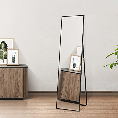 AUFHELLEN Ganzkörperspiegel 150x40cm mit Schwarz Metallrahmen Standspiegel HD Groß Wandspiegel mit Haken für Wohn-, Schlaf- und Ankleidezimmer Spiegel von AUFHELLEN