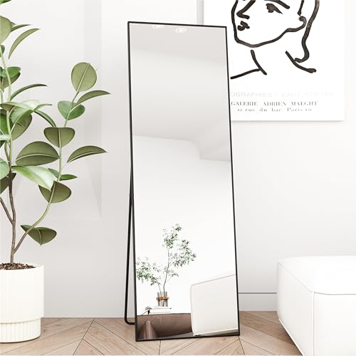 AUFHELLEN Ganzkörperspiegel 150x50cm mit Schwarz Metallrahmen Standspiegel HD Groß Wandspiegel mit Haken für Wohn-, Schlaf- und Ankleidezimmer Spiegel von AUFHELLEN