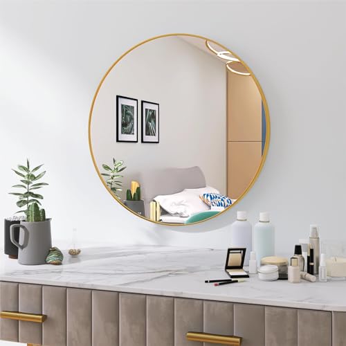 AUFHELLEN Rund Spiegel mit Gold Metallrahmen HD Wandspiegel aus Glas 60cm für Badzimmer, Ankleidezimmer oder Wohnzimmer Schminkspiegel (Gold, 60cm) von AUFHELLEN
