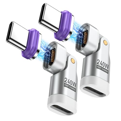 AUFU 240W USB C zu USB C Magnet Stecker [2 Stück], 16Pin 180° Drehbar Typ C Stecker zu Buchse Magnet Adapter 48V/5A für Phone 14 15 16 Pro Max,Pad 10 11 Mini 6 Air,Samsung Galaxy S24 S23 A54 (Silber) von AUFU