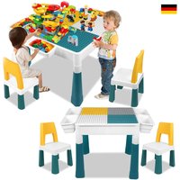 AUFUN Höhenverstellbarer Kindertisch mit Stühle Set 6 in 1 Bausteine Spieltisch, mit 163 Stücke Blocks, Stauraum, 2 Stühle, Geschenk für Jungen und von AUFUN