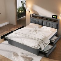 Doppelbett mit 4 Schubladen usb c Steckdose mit Verstellbare Kopfstütze Lattenrost aus Holz - Aufun von AUFUN