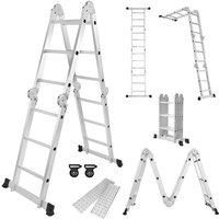Multifunktionsleiter Leiter Teleskopleiter mit 2 Bodentraversen und 2 Gerüstplatten, Gesamtlänge 3,4m, Mehrzweckleiter max 150 kg - Aufun von AUFUN