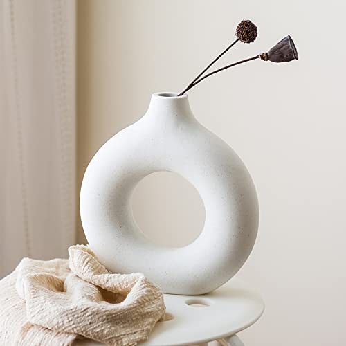 Vasen Deko, AUHOU Matt Blumenvasen aus Keramik für Wohnungsdeko Tischdecko, Trockenblumen Vasen, Beige Vase, Donut Vase, Deko Wohnzimmer, Modern Keramikvase, Deko Höhe Vasen(S) von AUHOU