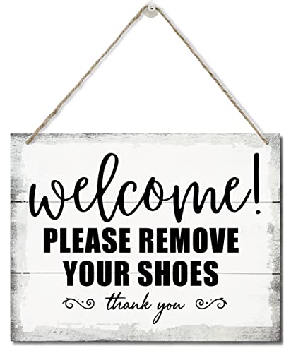 Vintage-Schild "Welcome, Please Remove Your Shoes, Thank You", bedrucktes Wandschild, Holzschilder, Heimdekoration, Geschenk, Holzschuhe ab, rustikales Bauernhaus-Schild, Holzschild, 25.4x18.8 cm von AUII JO DESIGN