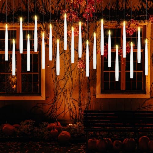 20 Stück Schwebende Kerzen mit Fernbedienung - 6H Timer & Flackerfunktion (Warmweiß) - Inkl. 40 Klebepunkte + 26 Haken + 50m Aufhängeset - Ideal für Halloween, Weihnachten, Partys & Home-Deko von AUINSKY