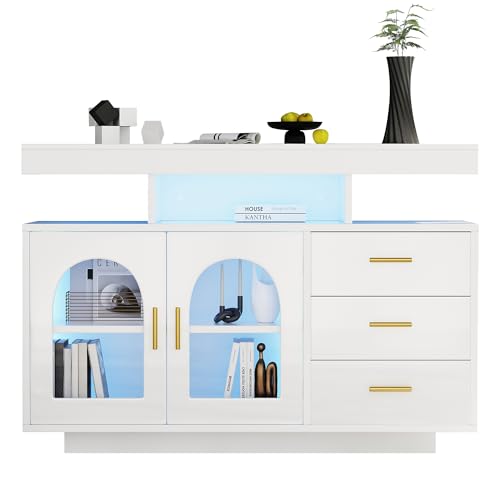 AUJDKDH LED-Sideboard-Buffetschrank, 120 cm großer Kaffeebarschrank, Schubladenschrank, Sideboard Wohnzimmer, Hochglanz-Küchenschrank mit 16-Farben-Lichtern für das Esszimmer (Weiß) von AUJDKDH