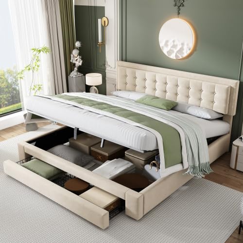 AUJDKDH Lit rembourré Europäisch, Einzel-XL, Beige 160cm, mit Lattenrost, 2 tiroirs, 140 cm x 200 cm, 300 kg, Samt, Bettgestell, Bett von AUJDKDH