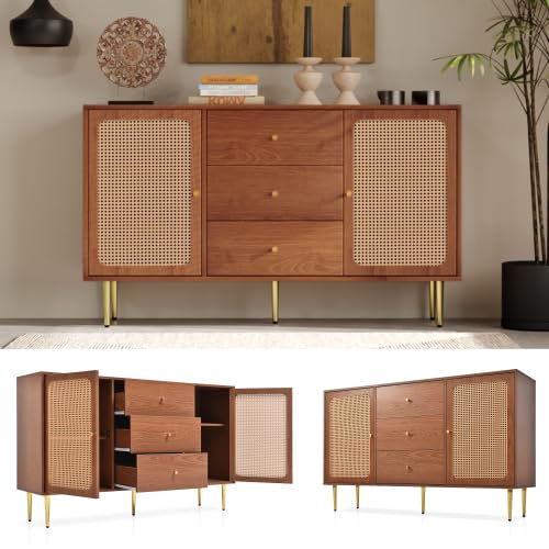 AUJDKDH Schubladenkommode Kommode mit 6 Schubladen, Rattan Sideboard Highboard für Schlafzimmer & alle Wohnräume, Nussbaum -H90/B120/T40 cm (Walnut-2) von AUJDKDH