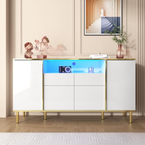 AUJDKDH Sideboard, hochglänzende weiße Kommode mit 2 Schubladen, Kommode, Schlafzimmerkommode, hochglänzendes weißes Sideboard – B150/T40/H80cm (White) von AUJDKDH