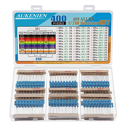 AUKENIEN 1/2W Widerstand Sortiment 40 Werte 400 Stück Metallschicht Widerstände 1 bis 1M Ohm Wiederstand Elektronik Resistor Kit RoHS Konform mit ± 1% Toleranz von AUKENIEN