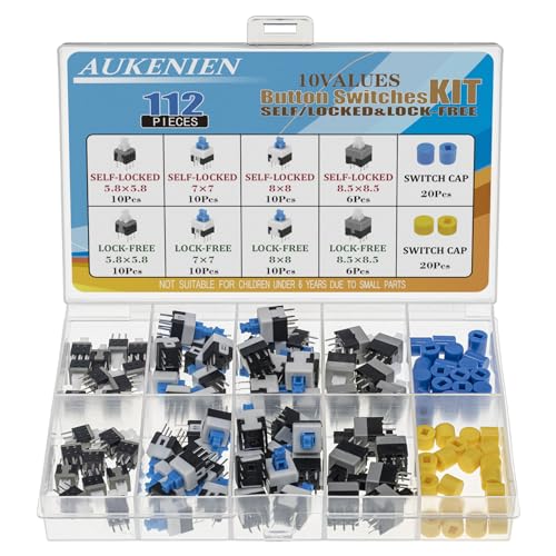 AUKENIEN 10 Wert 112 Stück DPDT Selbstverriegelnden Drucktastenschalter und Taktile Verriegelung Sortiment Kit 6 Pin Mikro 5,8X5,8MM 7X7MM 8X8MM 8,5X8,5MM mit Knopfkappe von AUKENIEN